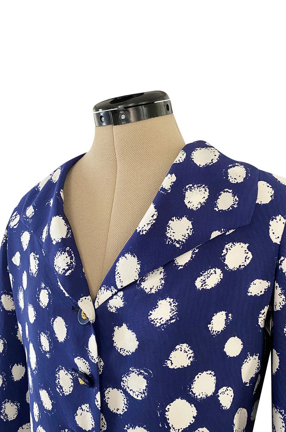 Spring 1977 Chanel Haute Couture Blue & White Silk Suit w Removable Collar