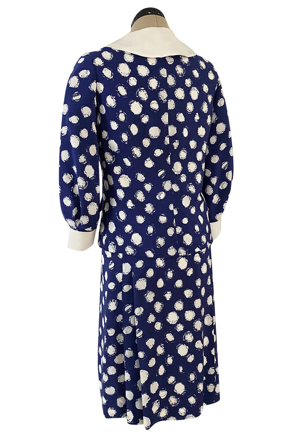 Spring 1977 Chanel Haute Couture Blue & White Silk Suit w Removable Collar