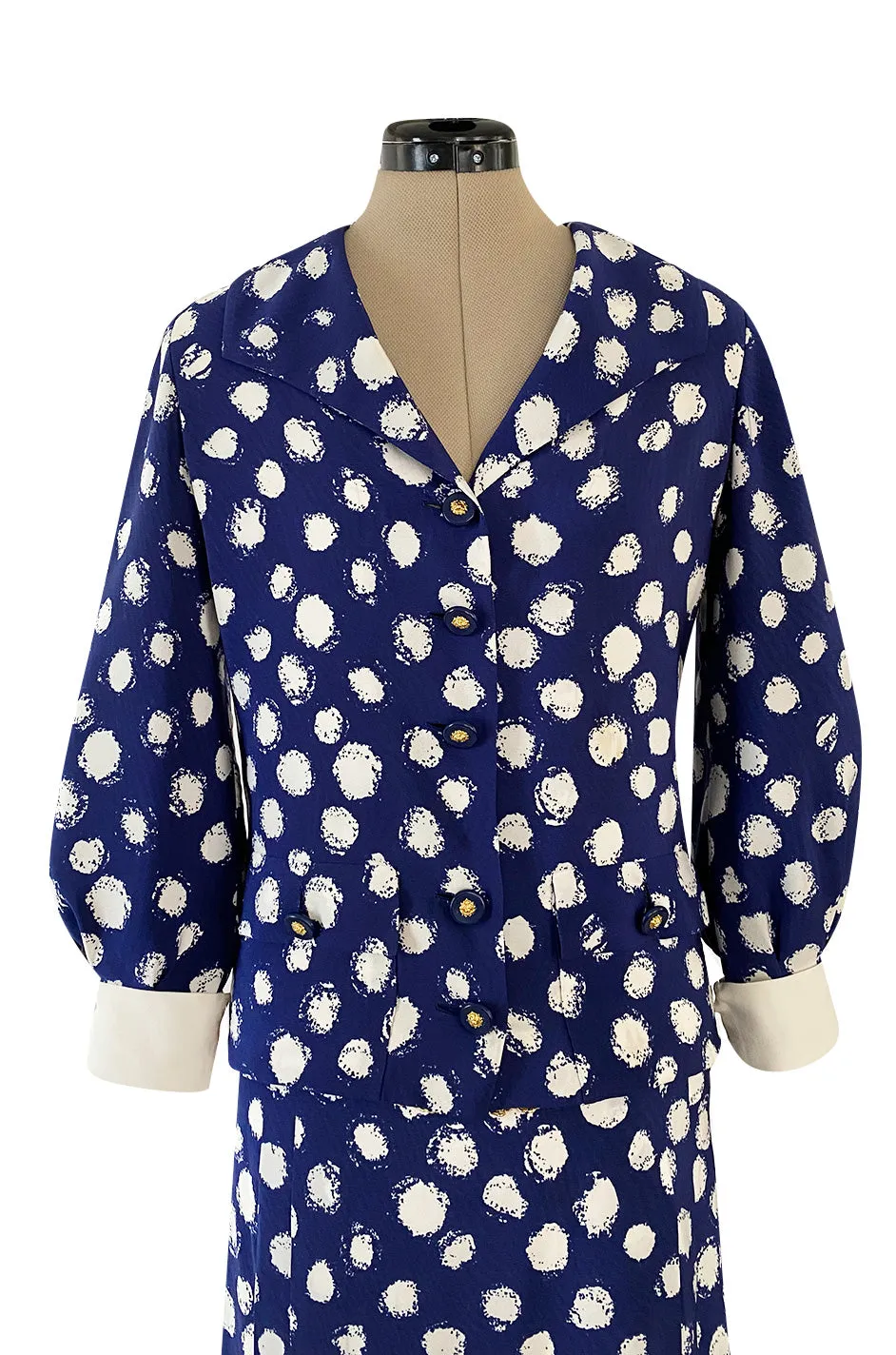 Spring 1977 Chanel Haute Couture Blue & White Silk Suit w Removable Collar