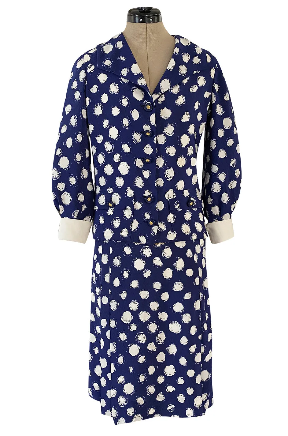 Spring 1977 Chanel Haute Couture Blue & White Silk Suit w Removable Collar