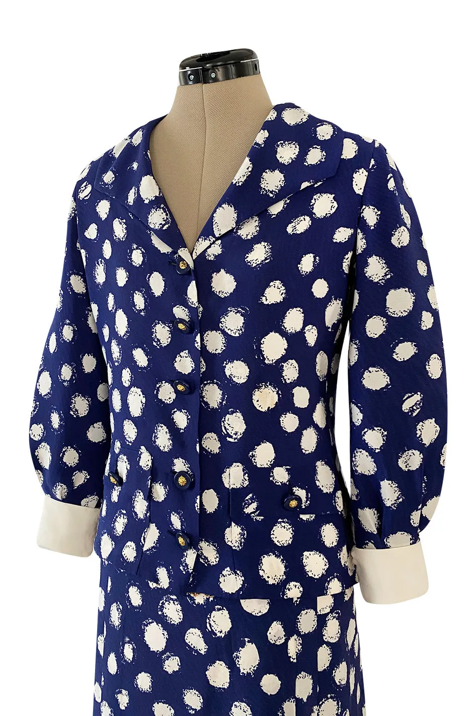 Spring 1977 Chanel Haute Couture Blue & White Silk Suit w Removable Collar