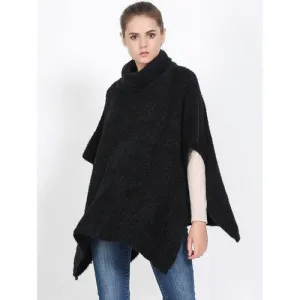 Streetwear High Neck Sweater Cape Poncho - Black