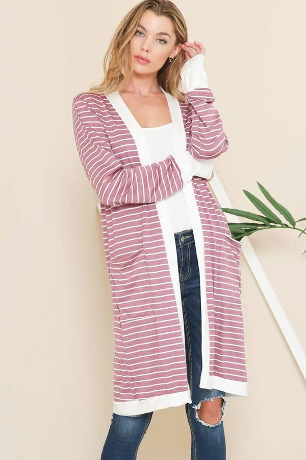 Stripe Midi Open Cardigan - Rose