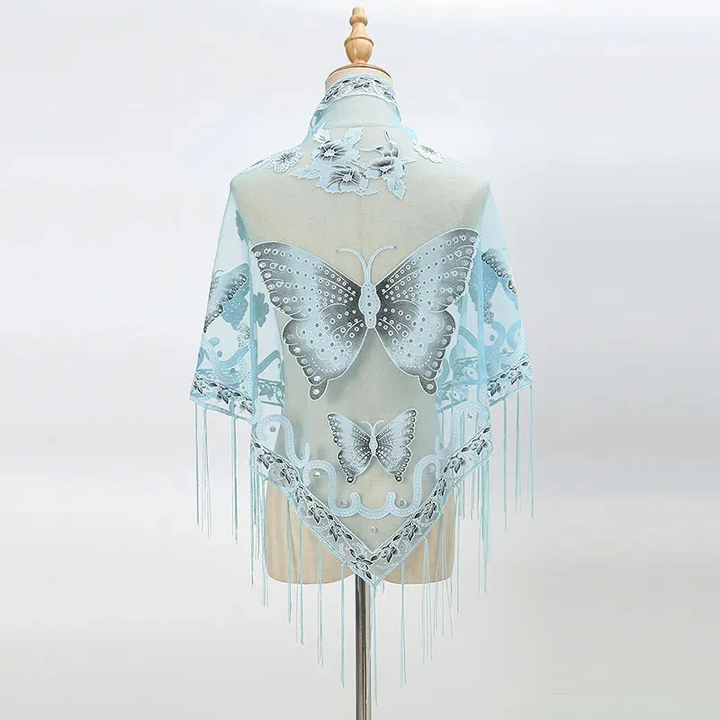 Summer Sun Scarf With Lace Butterfly Print Japanese Korean Triangle Headscarf Fashion Hollow-Out Fringe Women All Wear Shawl R98