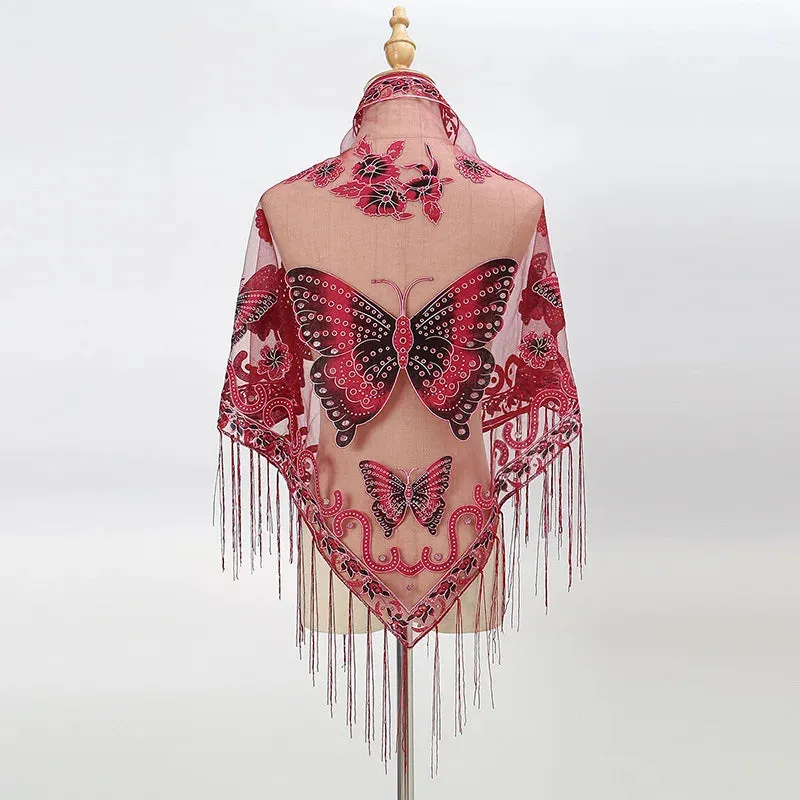 Summer Sun Scarf With Lace Butterfly Print Japanese Korean Triangle Headscarf Fashion Hollow-Out Fringe Women All Wear Shawl R98