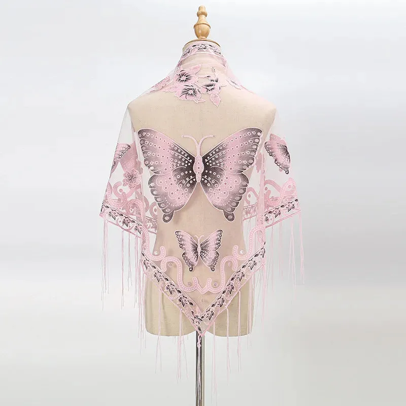 Summer Sun Scarf With Lace Butterfly Print Japanese Korean Triangle Headscarf Fashion Hollow-Out Fringe Women All Wear Shawl R98
