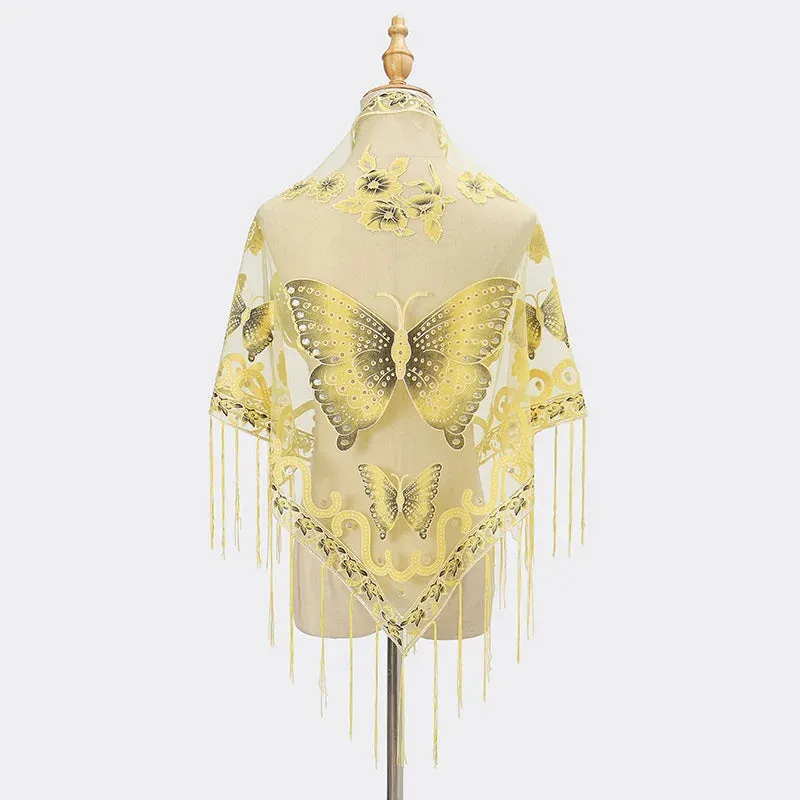 Summer Sun Scarf With Lace Butterfly Print Japanese Korean Triangle Headscarf Fashion Hollow-Out Fringe Women All Wear Shawl R98