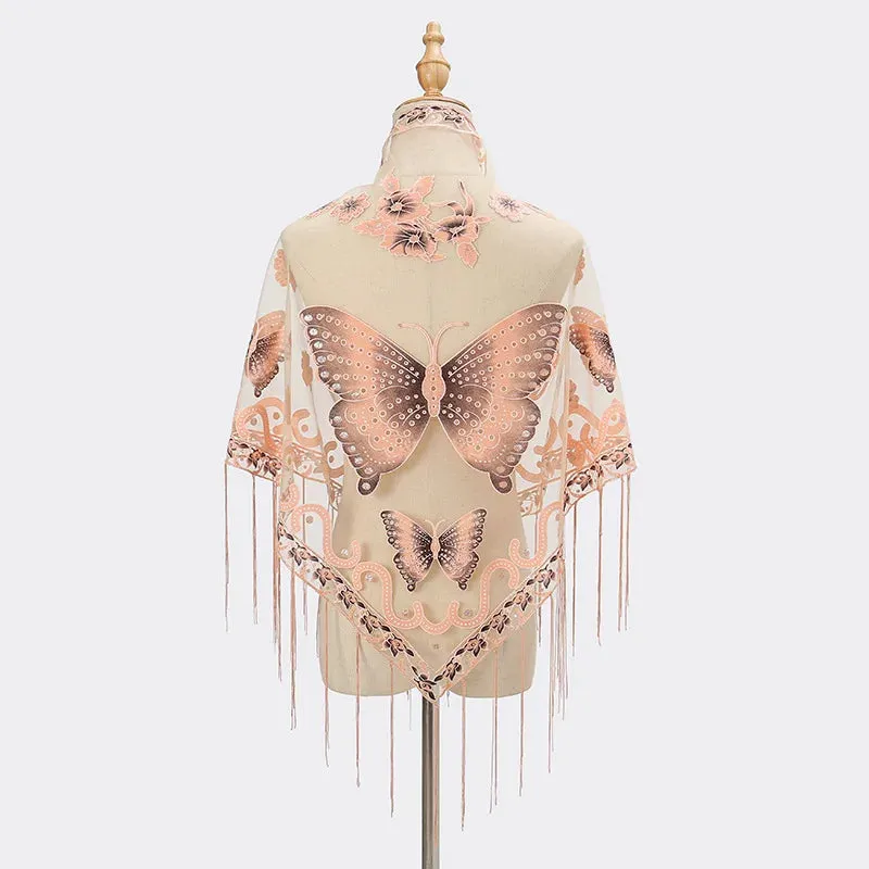 Summer Sun Scarf With Lace Butterfly Print Japanese Korean Triangle Headscarf Fashion Hollow-Out Fringe Women All Wear Shawl R98