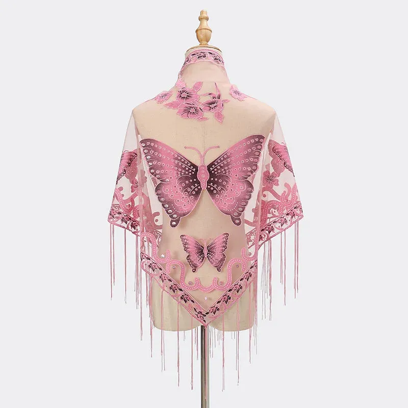 Summer Sun Scarf With Lace Butterfly Print Japanese Korean Triangle Headscarf Fashion Hollow-Out Fringe Women All Wear Shawl R98