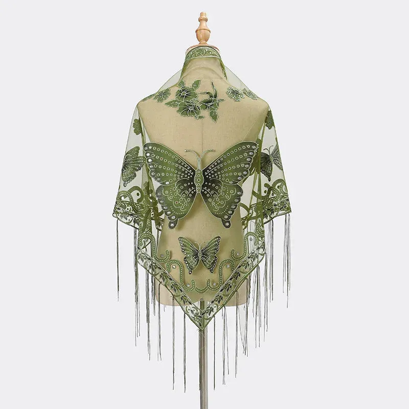Summer Sun Scarf With Lace Butterfly Print Japanese Korean Triangle Headscarf Fashion Hollow-Out Fringe Women All Wear Shawl R98