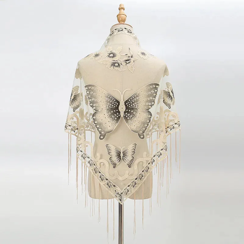 Summer Sun Scarf With Lace Butterfly Print Japanese Korean Triangle Headscarf Fashion Hollow-Out Fringe Women All Wear Shawl R98