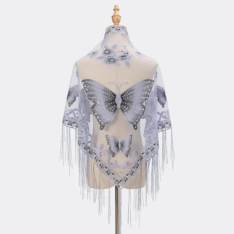 Summer Sun Scarf With Lace Butterfly Print Japanese Korean Triangle Headscarf Fashion Hollow-Out Fringe Women All Wear Shawl R98