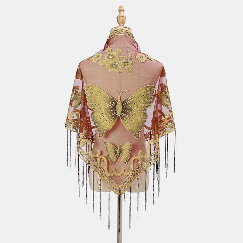 Summer Sun Scarf With Lace Butterfly Print Japanese Korean Triangle Headscarf Fashion Hollow-Out Fringe Women All Wear Shawl R98