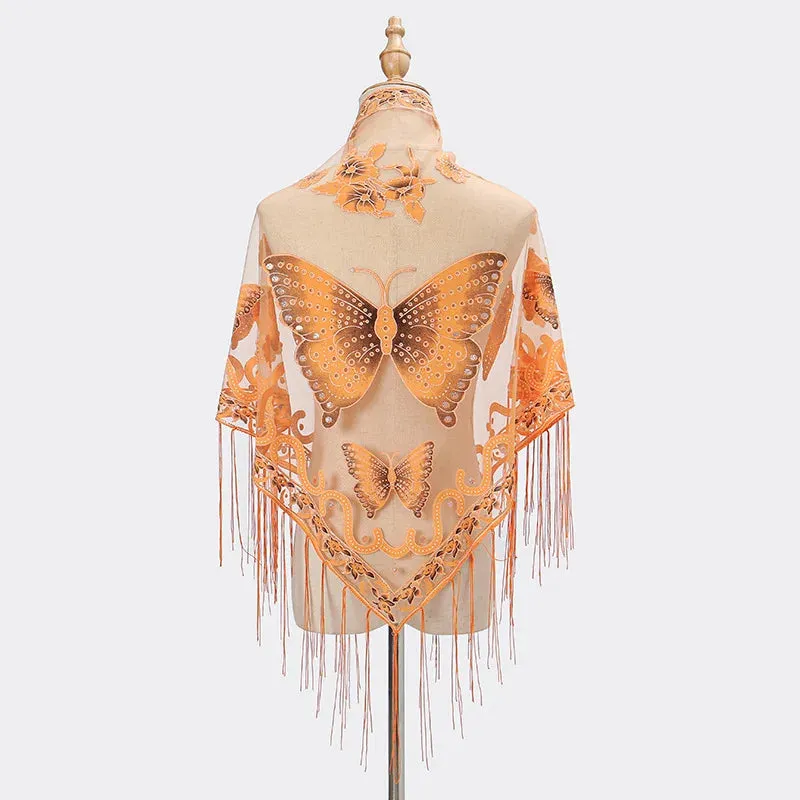 Summer Sun Scarf With Lace Butterfly Print Japanese Korean Triangle Headscarf Fashion Hollow-Out Fringe Women All Wear Shawl R98