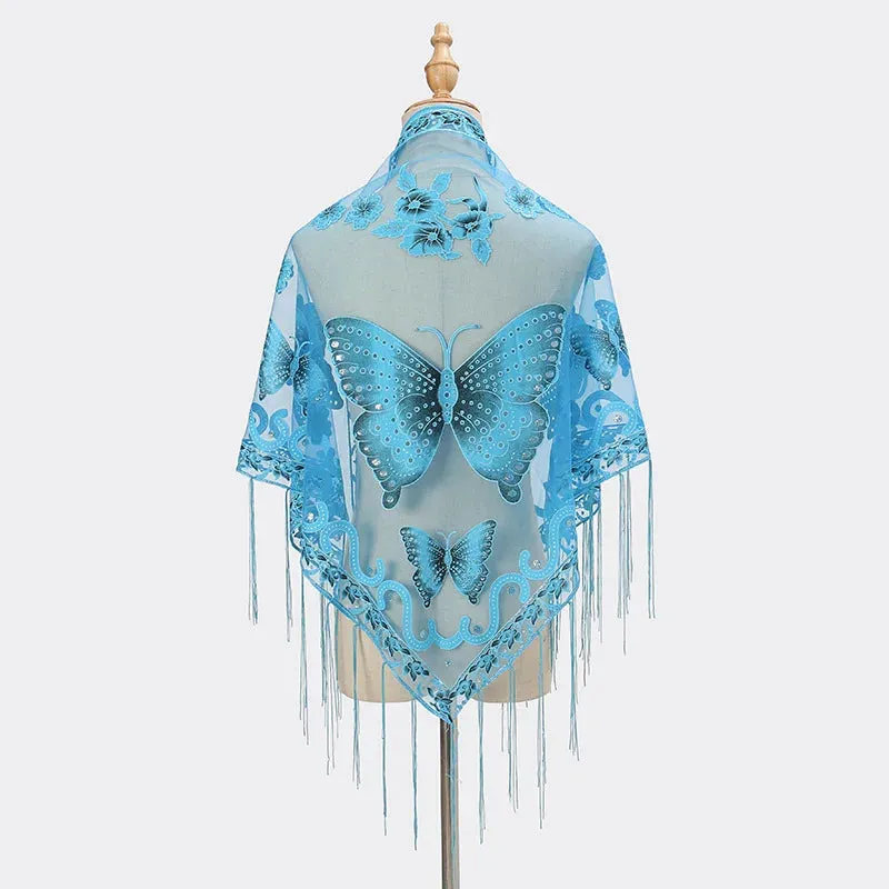 Summer Sun Scarf With Lace Butterfly Print Japanese Korean Triangle Headscarf Fashion Hollow-Out Fringe Women All Wear Shawl R98
