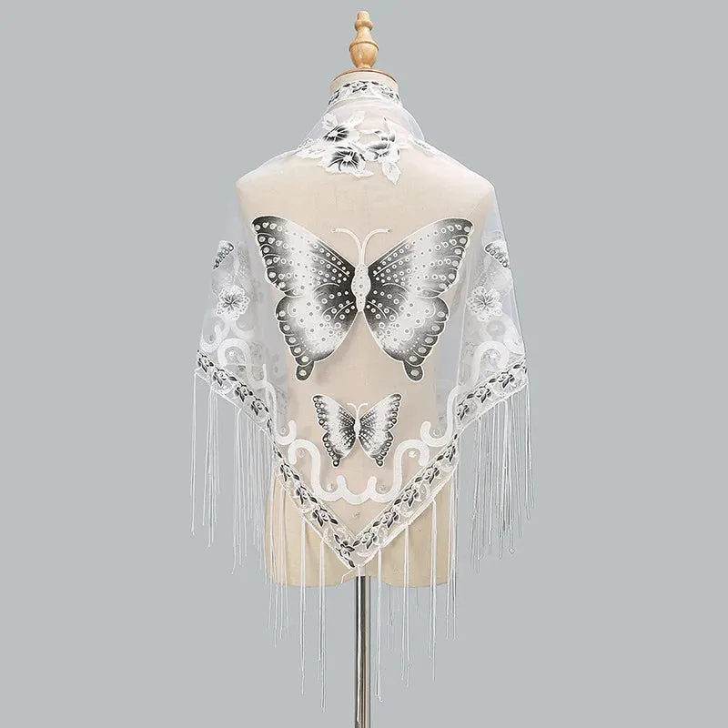 Summer Sun Scarf With Lace Butterfly Print Japanese Korean Triangle Headscarf Fashion Hollow-Out Fringe Women All Wear Shawl R98