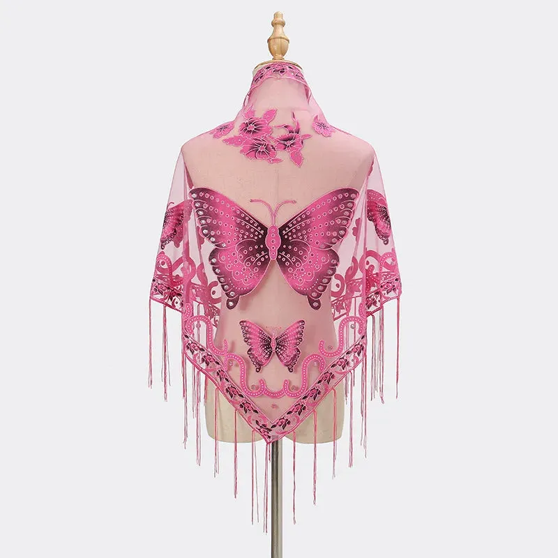 Summer Sun Scarf With Lace Butterfly Print Japanese Korean Triangle Headscarf Fashion Hollow-Out Fringe Women All Wear Shawl R98