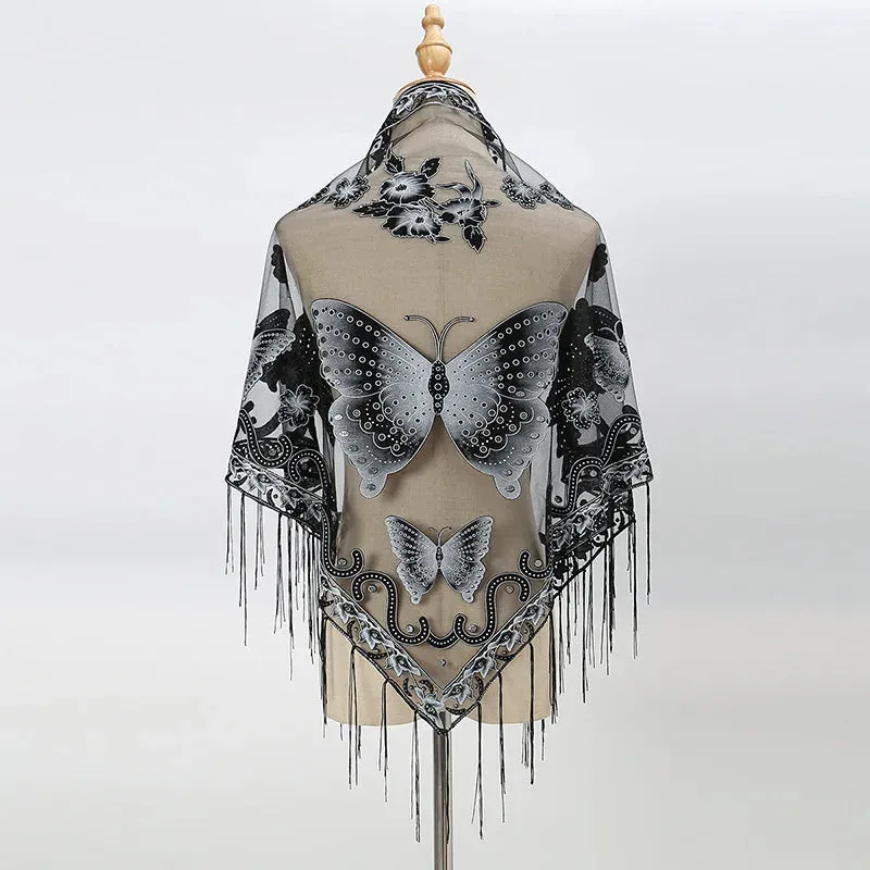 Summer Sun Scarf With Lace Butterfly Print Japanese Korean Triangle Headscarf Fashion Hollow-Out Fringe Women All Wear Shawl R98