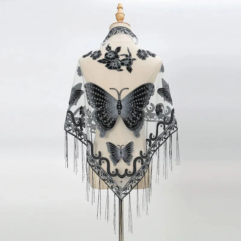 Summer Sun Scarf With Lace Butterfly Print Japanese Korean Triangle Headscarf Fashion Hollow-Out Fringe Women All Wear Shawl R98