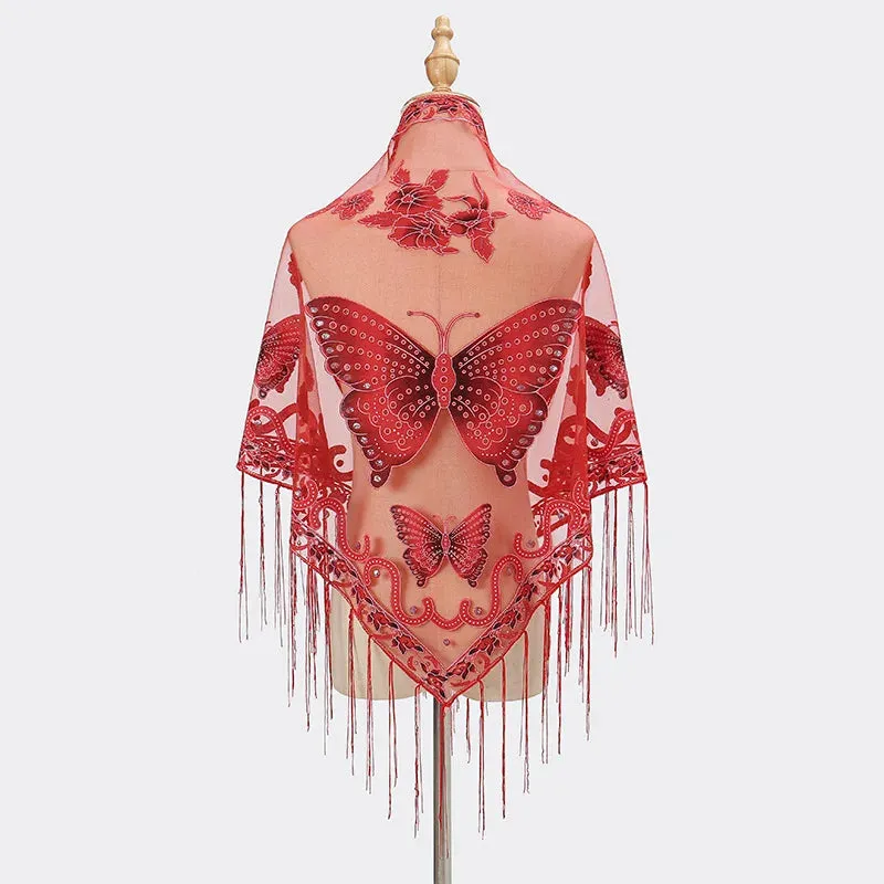 Summer Sun Scarf With Lace Butterfly Print Japanese Korean Triangle Headscarf Fashion Hollow-Out Fringe Women All Wear Shawl R98
