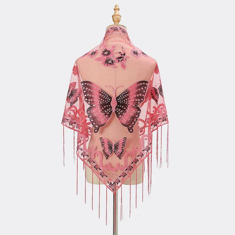 Summer Sun Scarf With Lace Butterfly Print Japanese Korean Triangle Headscarf Fashion Hollow-Out Fringe Women All Wear Shawl R98