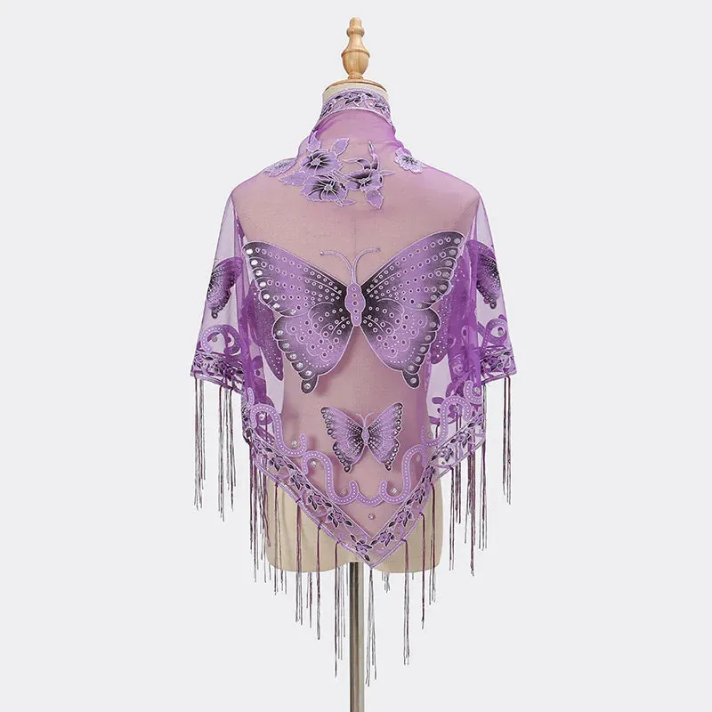 Summer Sun Scarf With Lace Butterfly Print Japanese Korean Triangle Headscarf Fashion Hollow-Out Fringe Women All Wear Shawl R98