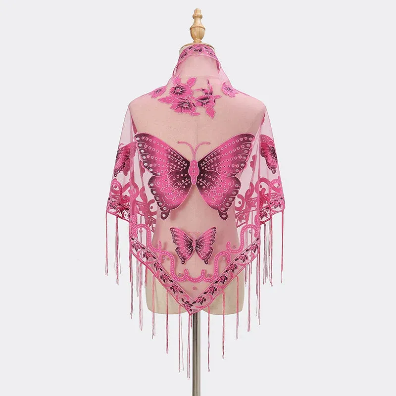 Summer Sun Scarf With Lace Butterfly Print Japanese Korean Triangle Headscarf Fashion Hollow-Out Fringe Women All Wear Shawl R98