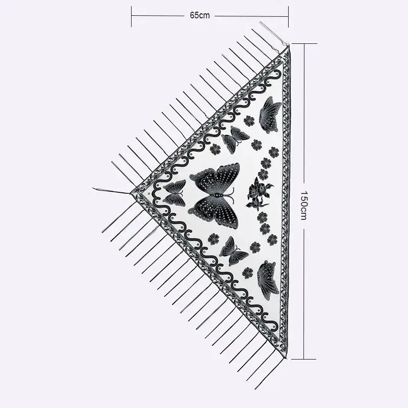 Summer Sun Scarf With Lace Butterfly Print Japanese Korean Triangle Headscarf Fashion Hollow-Out Fringe Women All Wear Shawl R98