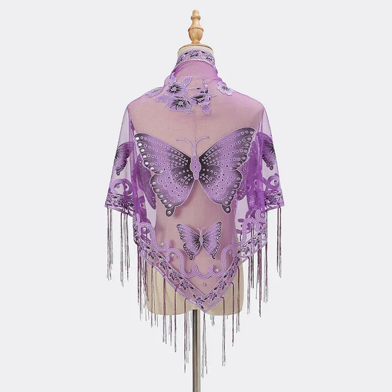 Summer Sun Scarf With Lace Butterfly Print Japanese Korean Triangle Headscarf Fashion Hollow-Out Fringe Women All Wear Shawl R98