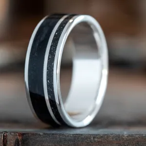The Midnight Barrel in Silver | Men's Silver Wedding Band with Whiskey Barrel Wood & Meteorite