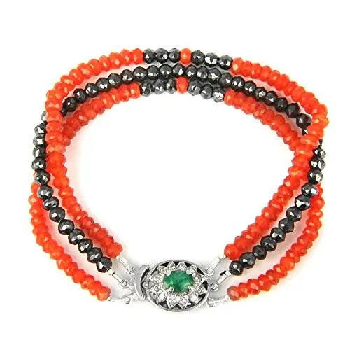 Three Row 3-4mm Black Diamond & Carnelian Gemstone Bracelet in Silver