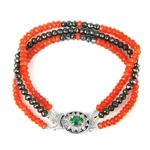 Three Row 3-4mm Black Diamond & Carnelian Gemstone Bracelet in Silver