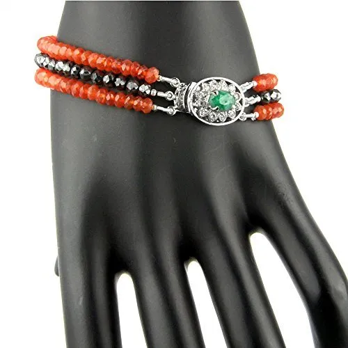 Three Row 3-4mm Black Diamond & Carnelian Gemstone Bracelet in Silver