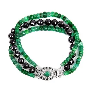 Three Row 3-4mm Black Diamond & Emerald Gemstone Bracelet in silver.AAA