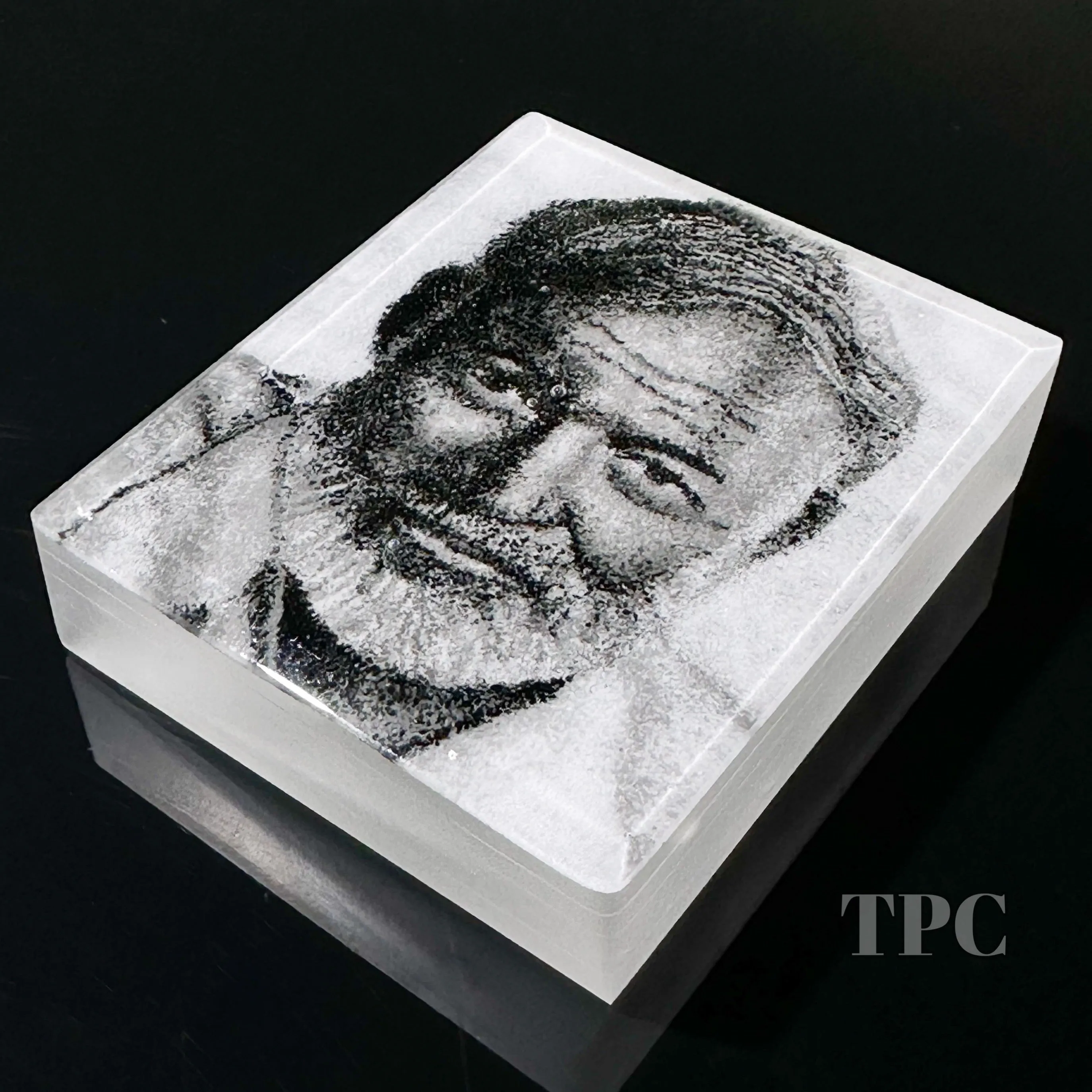 Trevor Beck 2023 Glass Art Paperweight Plaque Detail Monochromatic Frit Portrait of Ernest Hemingway