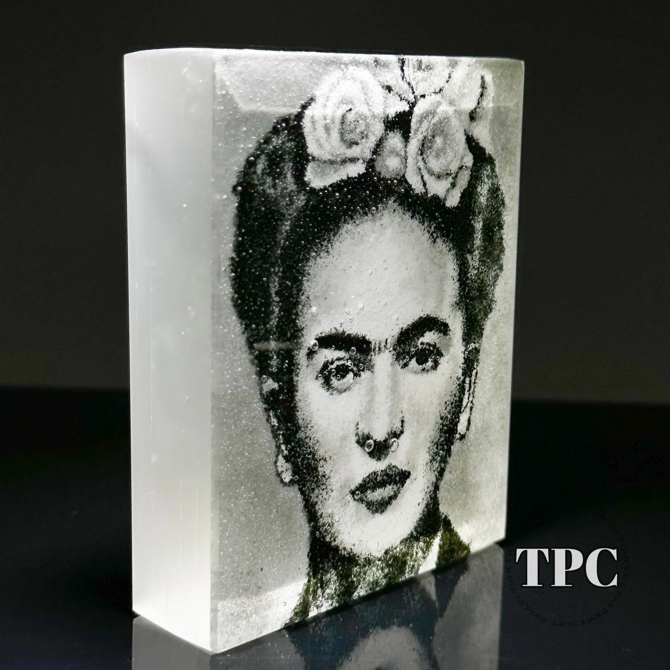 Trevor Beck 2023 Glass Art Paperweight Plaque Detail Monochromatic Frit Portrait of Freda Kahlo