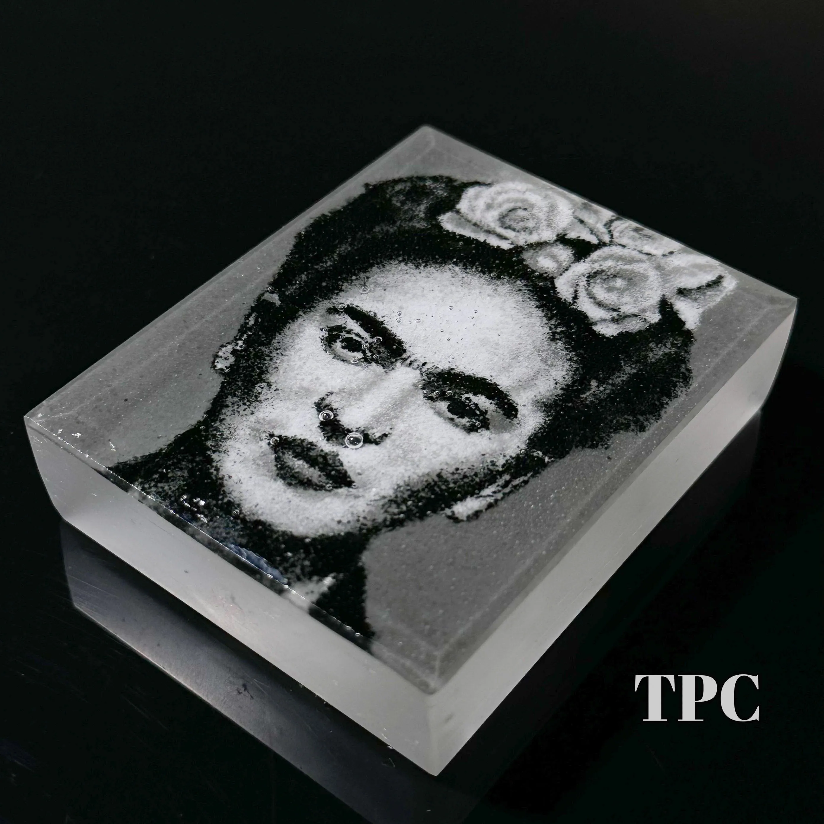 Trevor Beck 2023 Glass Art Paperweight Plaque Detail Monochromatic Frit Portrait of Freda Kahlo