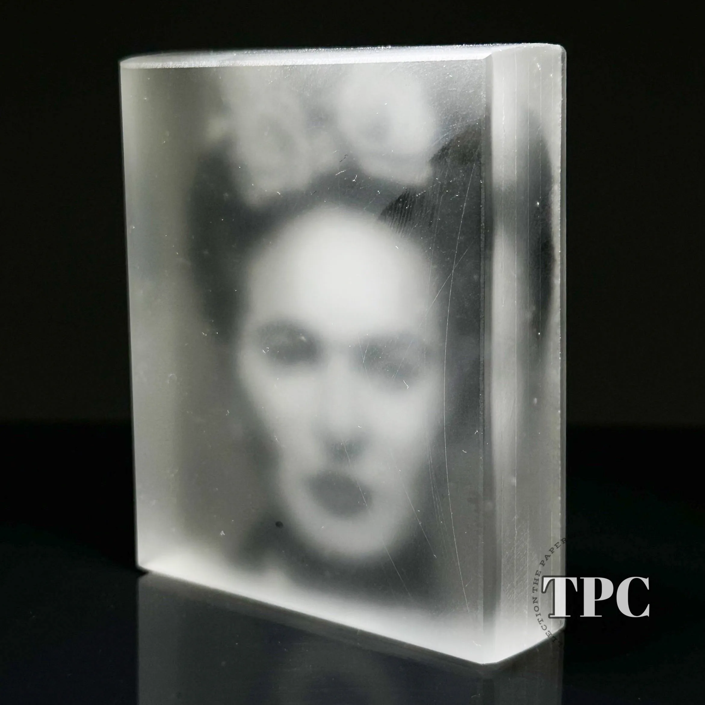 Trevor Beck 2023 Glass Art Paperweight Plaque Detail Monochromatic Frit Portrait of Freda Kahlo
