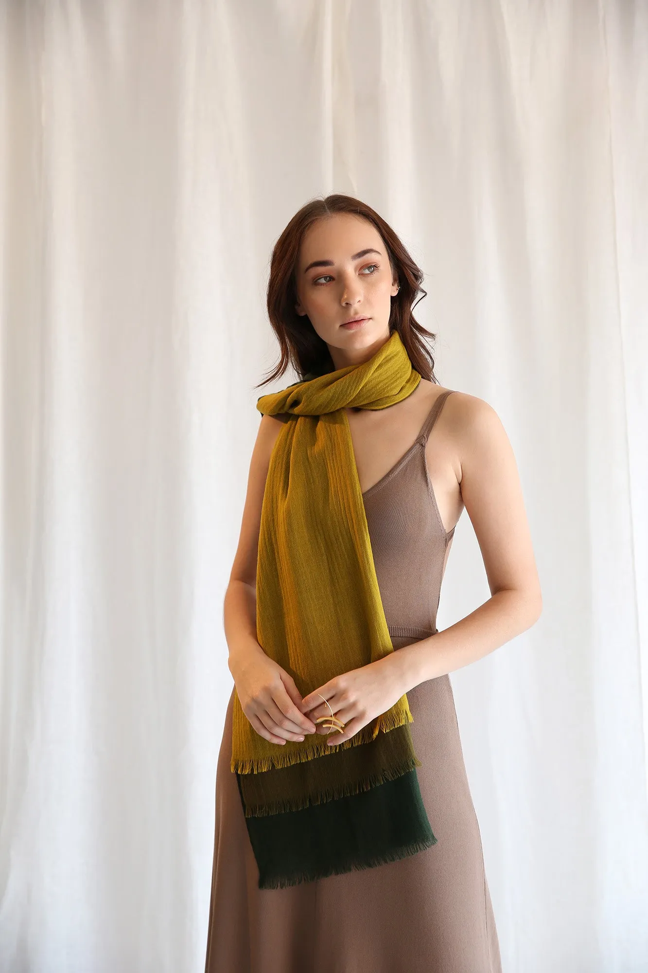 Triple Layer Merino Wool Scarf - Ochre, Olive, & Green