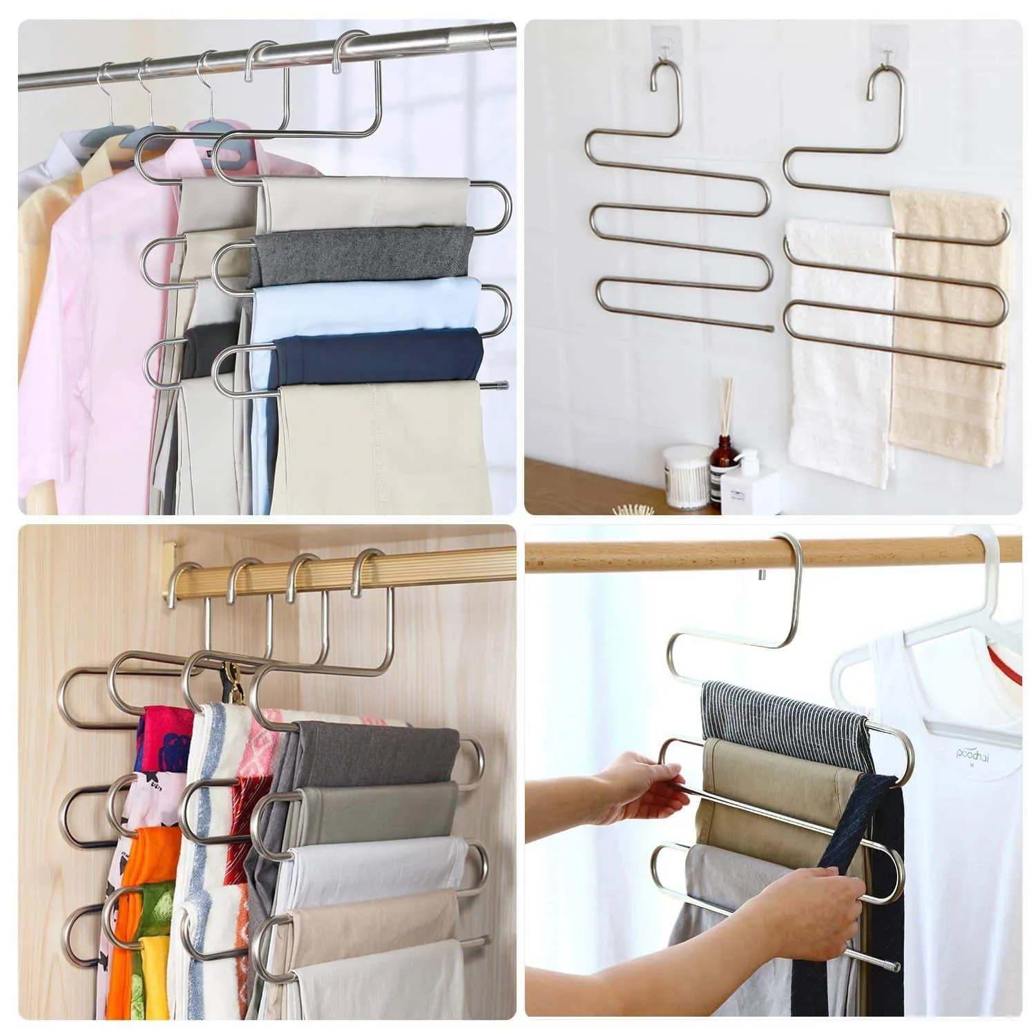 TRUSBER Stainless Steel Pants Hangers, S-shape Metal Clothes Racks with 5 Layers for Closet Organization, Space Saving for Pants Jeans Trousers Scarfs, Durable and No Distortion, Silver (Pack of 4)