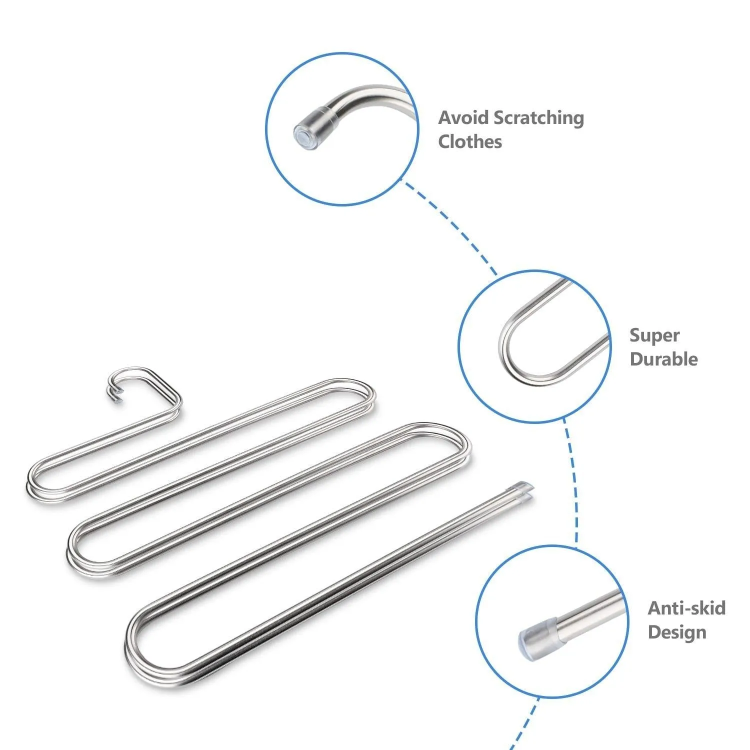 TRUSBER Stainless Steel Pants Hangers, S-shape Metal Clothes Racks with 5 Layers for Closet Organization, Space Saving for Pants Jeans Trousers Scarfs, Durable and No Distortion, Silver (Pack of 4)