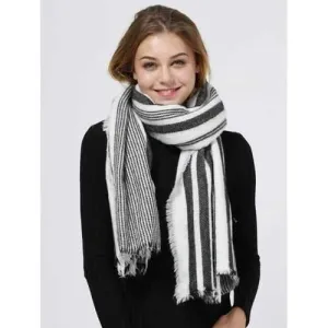 Vertical Stripes Pattern Fringed Shawl Scarf - White And Black