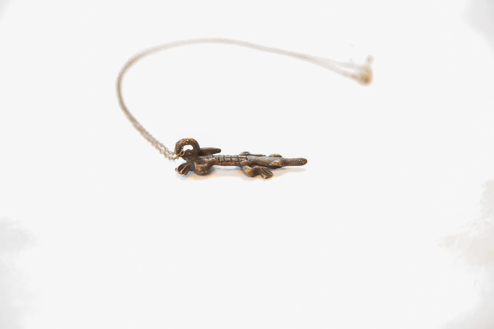 Vintage African Dark Bronze Crocodile Pendant Necklace