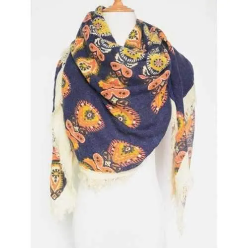 Vintage Floral Pattern Fringe Edge Square Scarf - Denim Blue