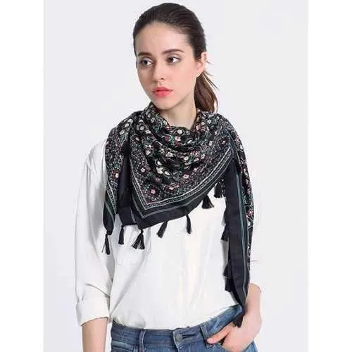 Vintage Floral Pattern Tassel Pendant Shawl Scarf - Black