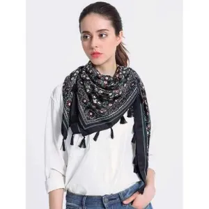 Vintage Floral Pattern Tassel Pendant Shawl Scarf - Black