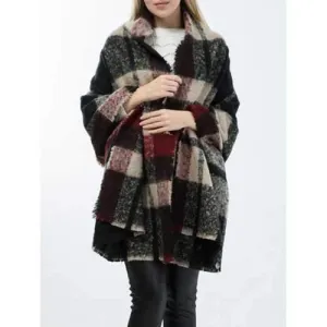 Warm Frayed Edge Tartan Pattern Shawl Wrap Scarf - Black