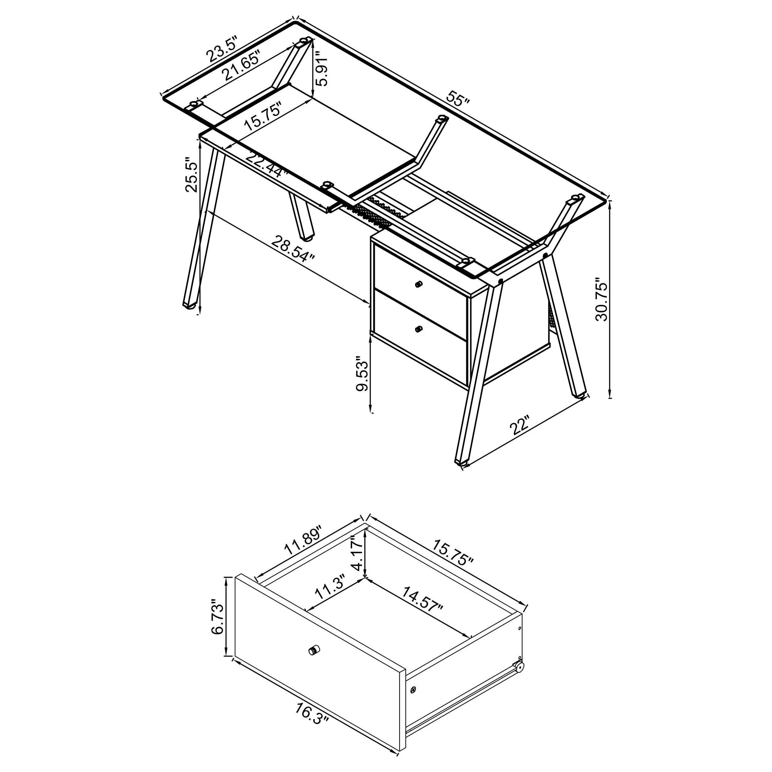 Weaving 55-inch 2-drawer Computer Desk Keyboard Tray Black
