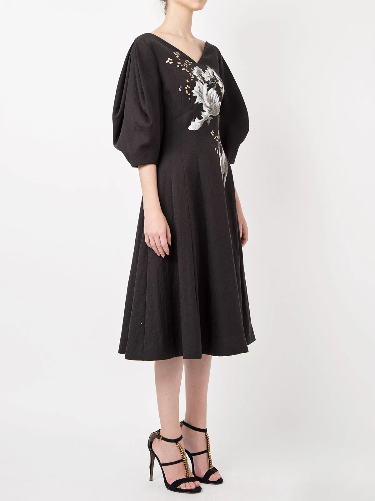 WILDFLOWER-PAINTED VOLUMINOUS SLEEVE MIDI DRESS