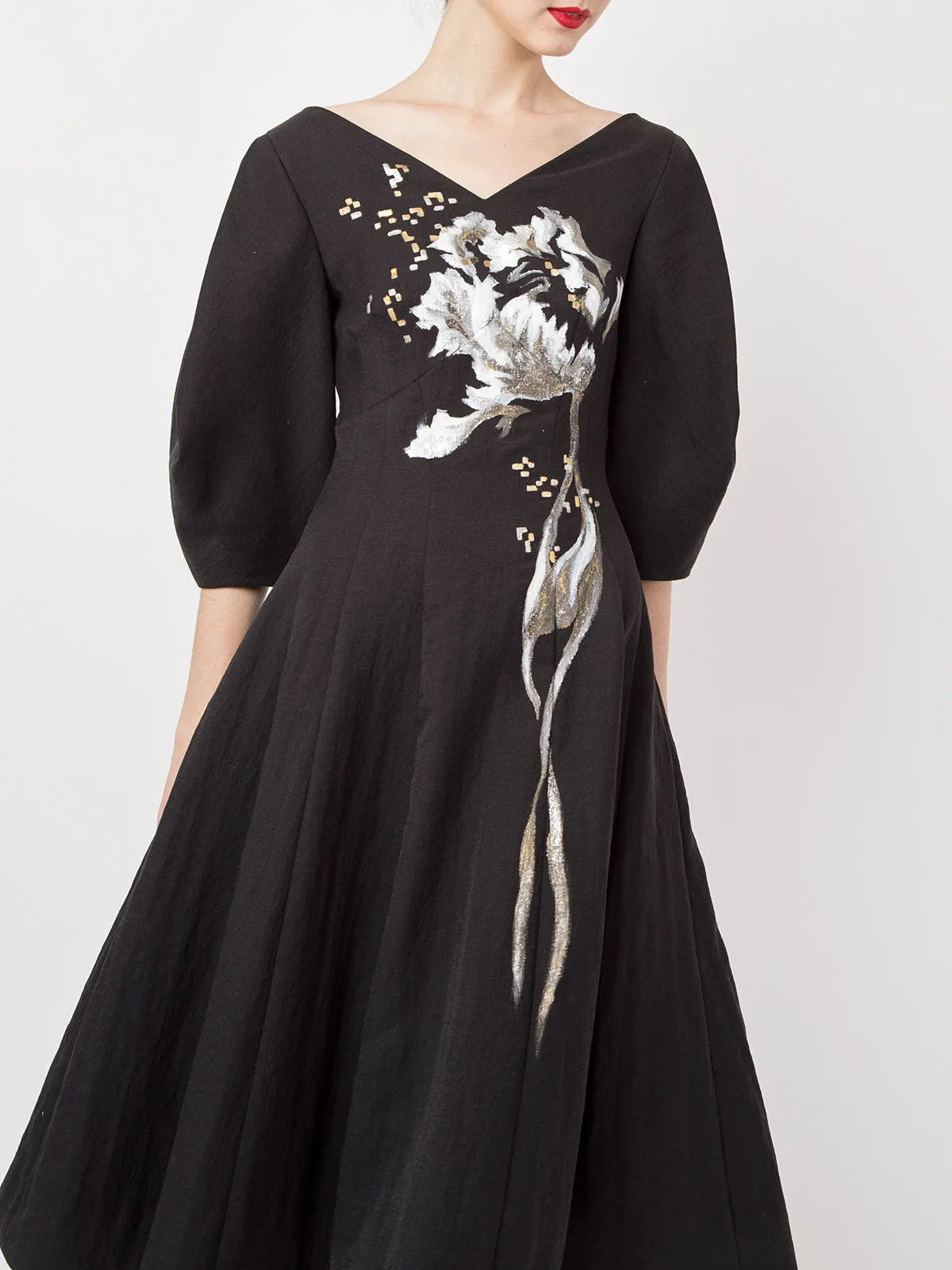 WILDFLOWER-PAINTED VOLUMINOUS SLEEVE MIDI DRESS